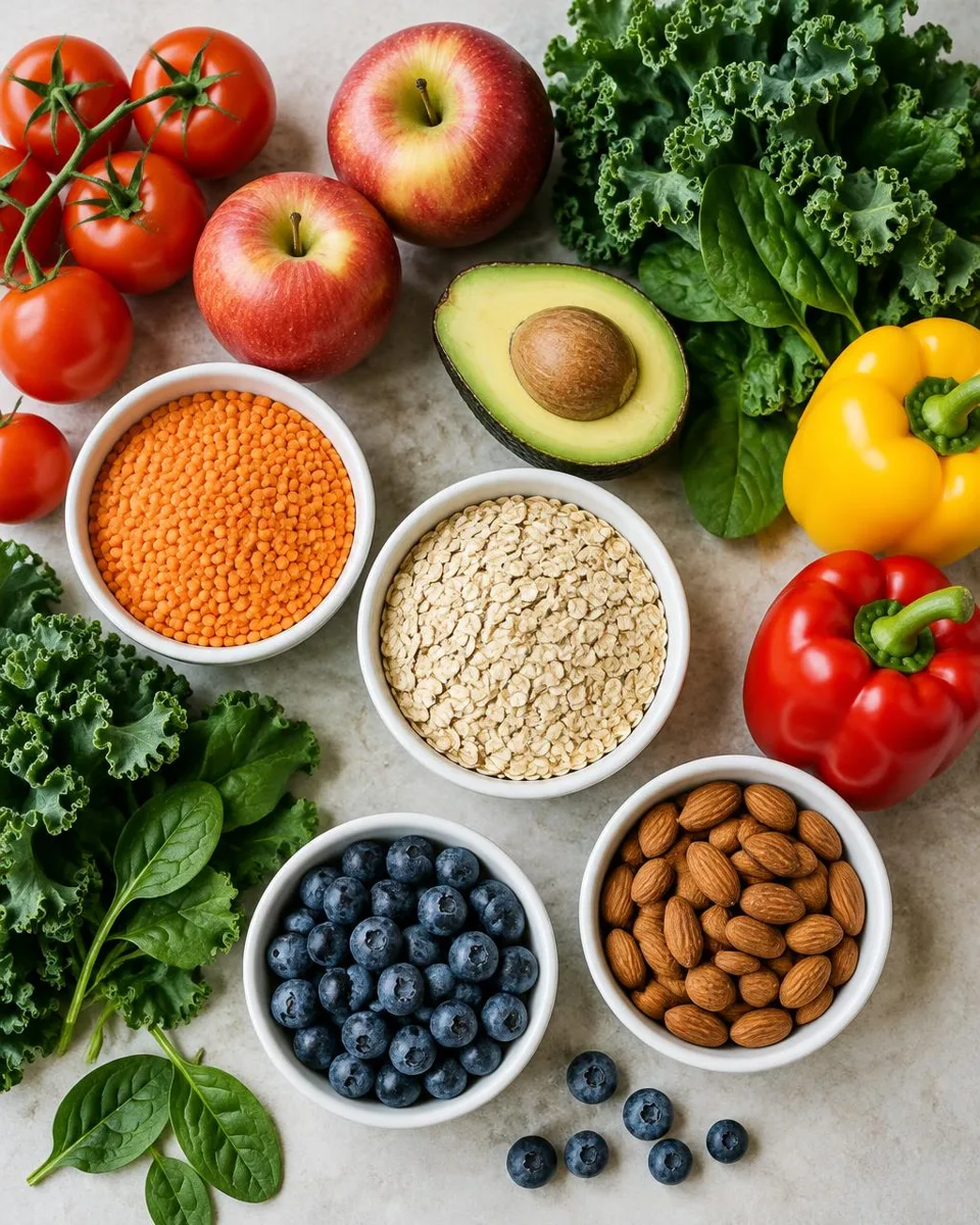 An assortment of fresh vegetables, fruits, grains and nuts